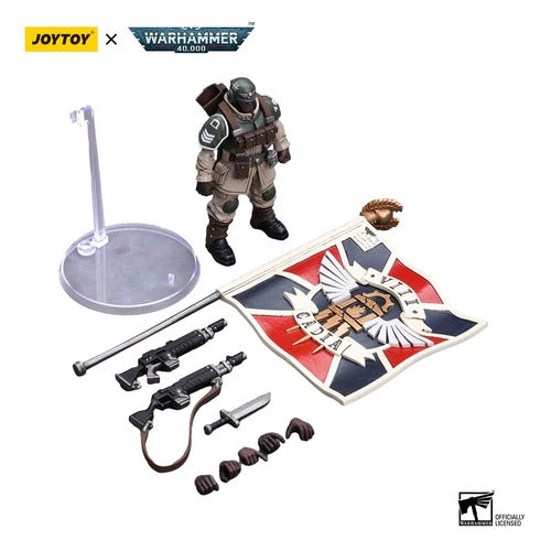 Warhammer 40k figurine 1/18 Astra Militarum Cadian Command Squad Veteran with Regimental Standard 12 cm