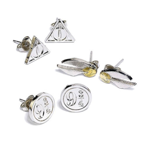 Harry Potter pack 3 boucles d'oreille Snitch/Deathly Hallows/Platform 9 3/4 (plaquées argent)