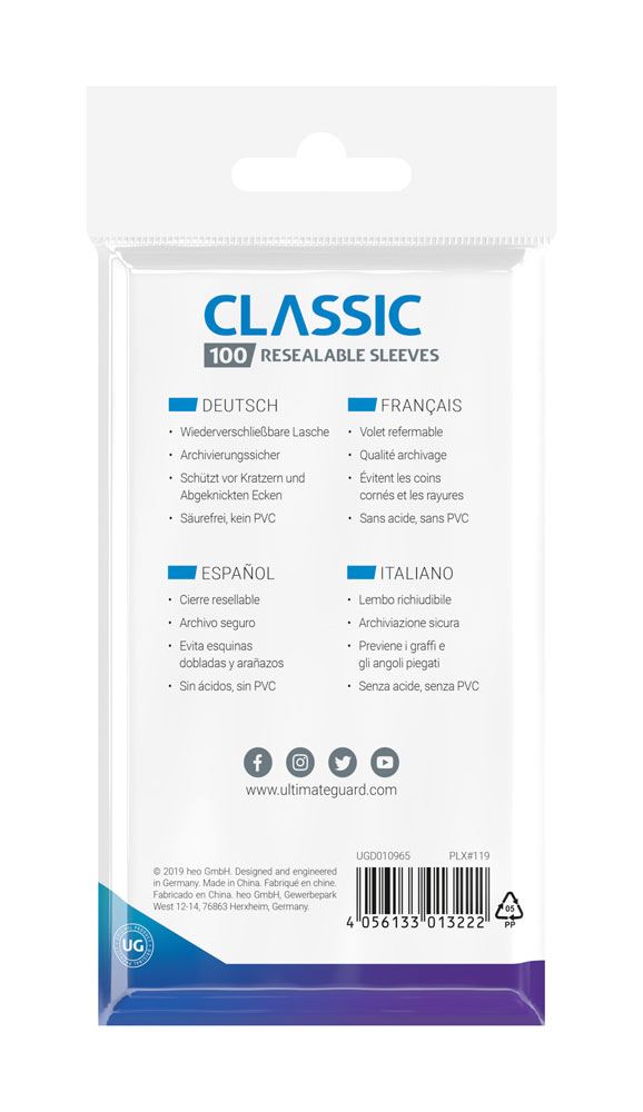 Ultimate Guard 100 pochettes refermables Classic Sleeves taille standard Transparent